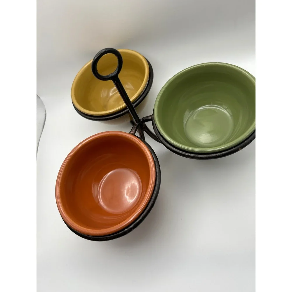 Tag Ceramic Dipping Bowl Set Metal Caddy Green Orange Yellow 3 Piece Set 7.25